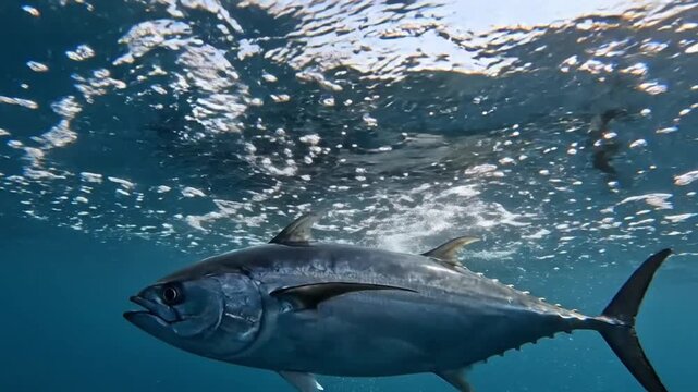 Abstract Underwater View of Tuna Reflection with Shimmering Surface and Sunlight Rays
