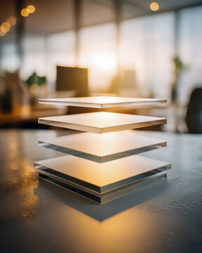 Layered translucent acetate sheets hovering over polished office table with reflections