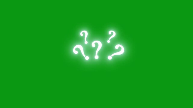 Large number of white question marks moving on green screen background, pop up animated video of question symbol for FAQ, quiz and help center visuals, 4K motion graphic transition effects