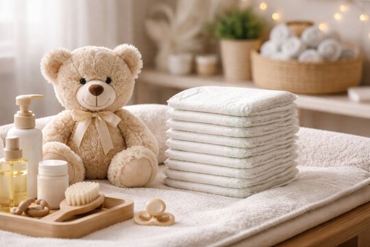 Adorable infant care setup with a tidy pile of diapers next to a soft teddy bear