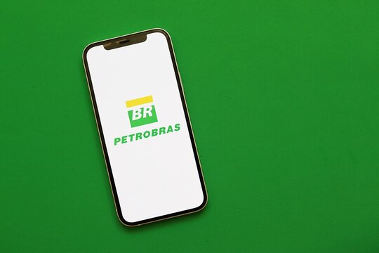 Salvador, Brazil - April 19, 2026: Petrobras logo on a smartphone screen on a green background. Brazilian Petrobras. 
