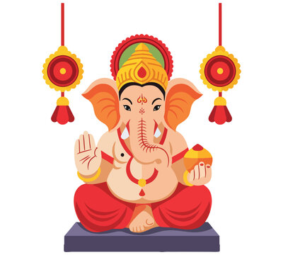 Vibrant, stylized illustration of Ganesha in seated pose holding a modak. Colorful Hindu deity art, festive celebration.