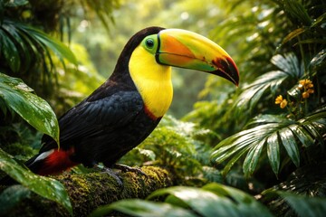 Obraz premium Tropical bird featuring yellow beak standing in verdant plant life exemplifying wildlife variety
