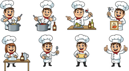 Fototapeta premium Cute Chef Cartoon Character Vector Set with Cooking Actions, Kitchen Tools, and Food Preparation Scenes for Restaurant Branding, Kids Illustration, and Culinary Design