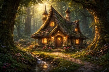 Fototapeta premium Whimsical illustration of an ancient house surrounded by dense forest for children