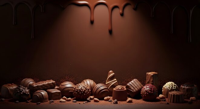 Premium dark chocolate truffles and pralines with melting drips on a dark moody background. Perfect for elegant Valentine's Day promotions and luxury confectionery branding materials