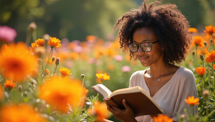 Fototapeta premium Young Black woman with glasses reads book in vibrant orange flower garden. She enjoys peaceful outdoor activity, escaping into literature amidst nature, feeling calm and happy in summer sun.