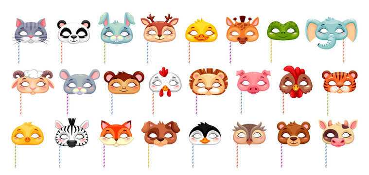 Colorful watercolor animal masks set for kids, cute cartoon faces for parties and crafts