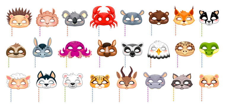 Cute animal mask set for kids, colorful cartoon faces including bear, owl, cat, fox and more, isolated on white background