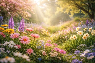 Naklejka premium fresh spring natural backdrop with blooming flowers
