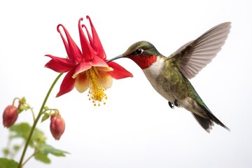 Obraz premium Closeup of ruby throated hummingbird hovering above a vivid red columbine flower against a clean white backdrop