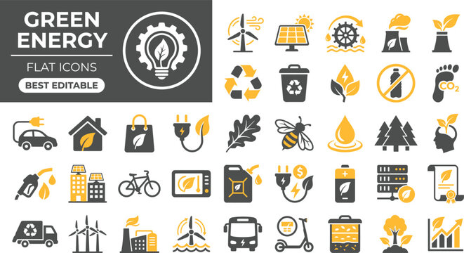 Green energy solid icon set featuring renewable solar wind power, ecology sustainability nature, recycling eco environment, and clean alternative electric editable vector icons.
