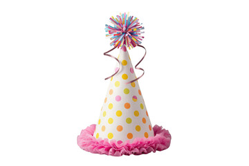 Obraz premium Colorful polka dot party hat with a vibrant pompom and pink ruffles, celebrating birthdays and festive events