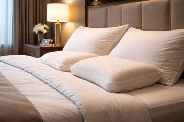 Obraz premium Hotel room showcasing clean pillowcases on ergonomic latex memory foam pillows for restful relaxation