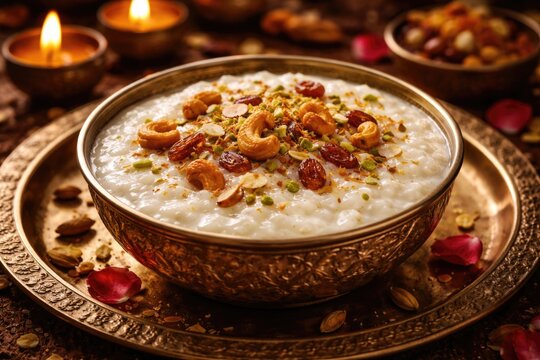 Asian kheer payasam dessert decorated with dried fruit for celebration