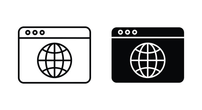 Global network web browser window icon set in outline and solid black vector design