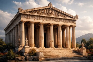 Obraz premium Classical Greek temple structure with ornate columns and sculpted pediments