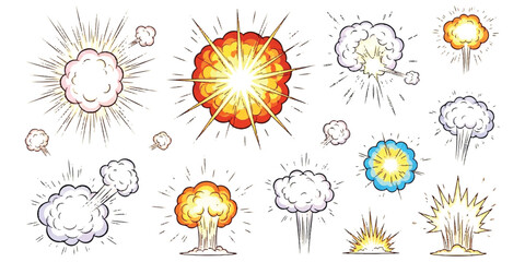 A vibrant collection of comic book style explosion bursts and smoke clouds, featuring various shapes and sizes with dynamic starburst effects, isolated on a white background. © md