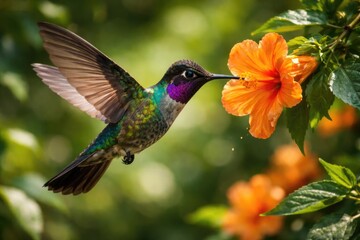 Obraz premium Eugenes spectabilis hummingbird hovering by vibrant orange blossom with natural greenery
