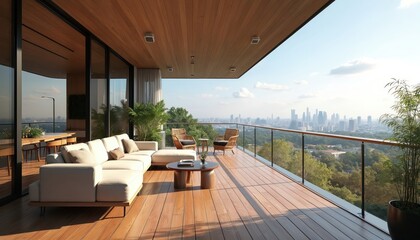 Obraz premium Modern penthouse balcony with city view sofa and chairs. Outdoor living space offers relaxation with furniture and plants overlooking urban skyline with tall buildings. Enjoy upscale comfort.