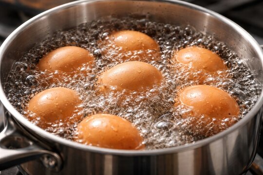 Simmering eggs in pot with water for perfect hard boiled eggs
