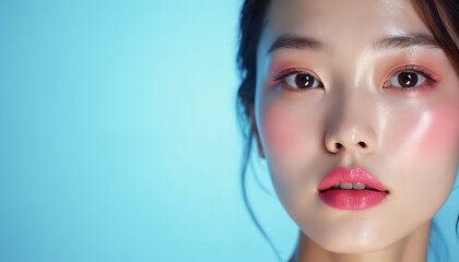 Fototapeta premium Close up of young woman face with vibrant pink makeup. Shiny skin, bright eyes, and glossy lips on blue background. Beauty and cosmetic concept.