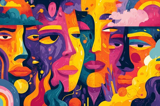 A vibrant and colorful abstract artwork featuring faces with surreal and expressive features. The artwork is characterized by bold colors, creative lines, and unique shapes.