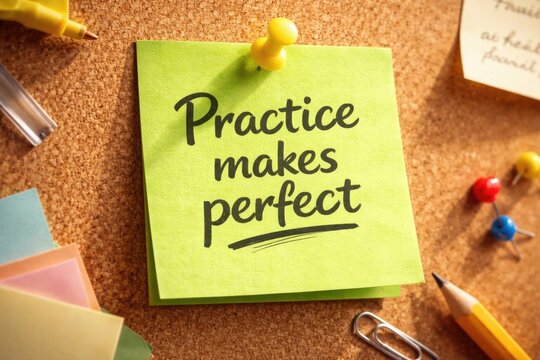 Inspirational message Practice makes perfect displayed on green adhesive note