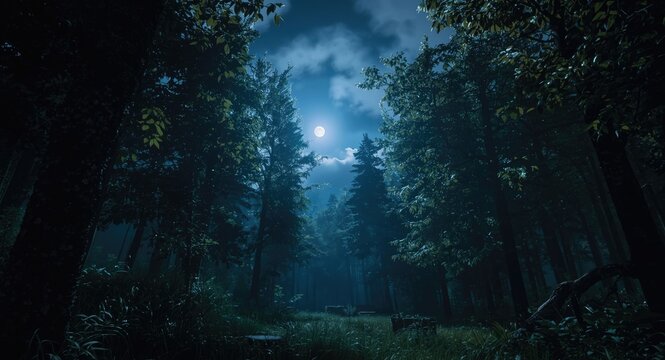 Fairy tale forest scene with shimmering moonlight and dark sky