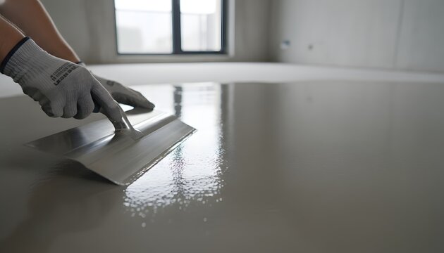 Man pouring and smoothing self leveling floor with a steel trowel during home renovation for a modern construction concept with gray cement screed