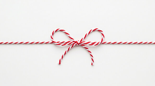 Red and white twisted cotton string tied into a simple bow on a plain solid white background area