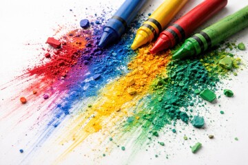 Obraz premium Artistic design featuring broken crayon with bright pigments spilling onto white background