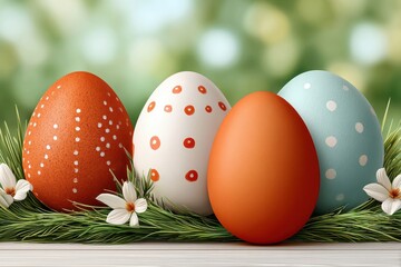Fototapeta premium Easter eggs in grass with spring flowers on a soft green bokeh background