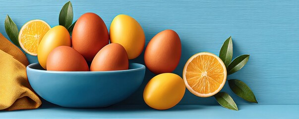 Fototapeta premium Easter eggs in a blue bowl with yellow accents and sliced citrus on a spring background