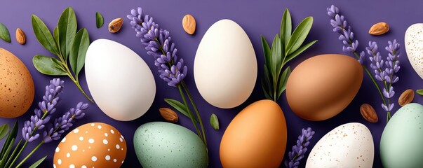 Fototapeta premium Easter banner with pastel-colored eggs and lavender flowers on purple background
