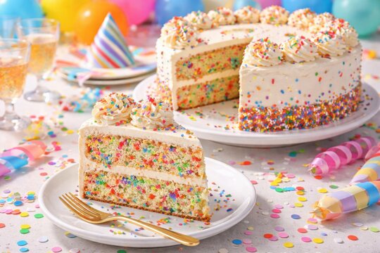 Festive funfetti cake cut into slices with rich frosting and cheerful sprinkles served for party