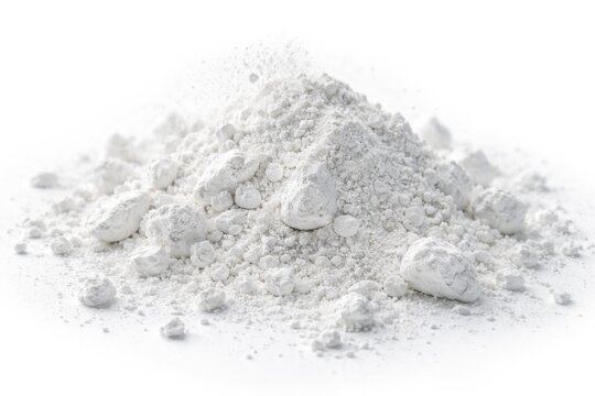 Macro perspective of powdered gypsum and calcium dust on a plain white backdrop with clipping path