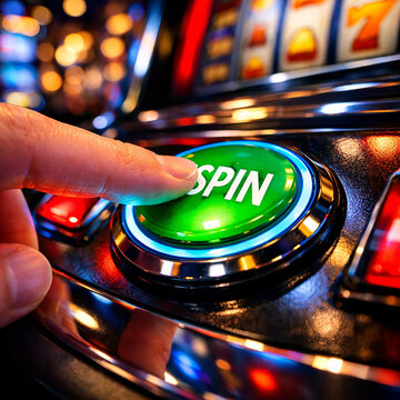 A man pushes the spin button at a casino slot machine