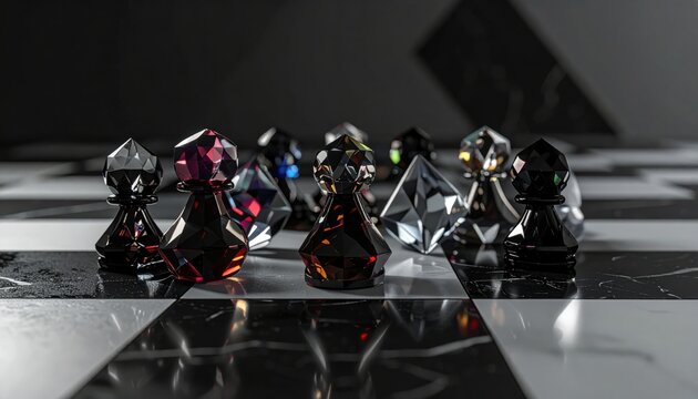 Exquisite gemstone chess pieces arranged tactically on a black marble board showcasing strategic depth