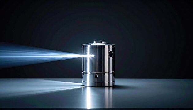 Polished metallic quantum entanglement emitter projects a focused beam of light in a dark studio setting