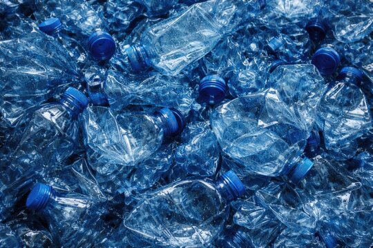Top perspective of crushed blue plastic bottle fragments in a pile