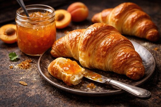 Golden sweet croissants served with apricot jam over a dark textured surface