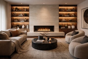 Naklejka premium Stylish lounge room interior showcasing a fireplace and floating wall shelves