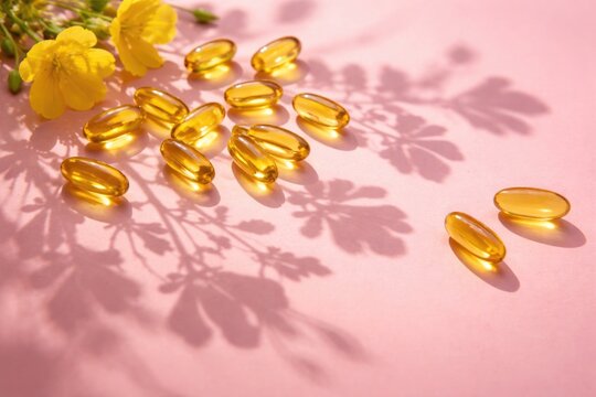 Health concept featuring yellow gelatin capsules casting floral shadows on a pink backdrop with Omega 3 liver cod and evening primrose oil and copy space