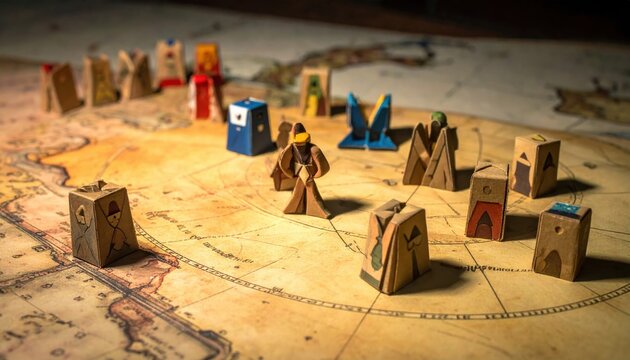 Collection of custom designed cardboard tokens representing specialized units on a game board