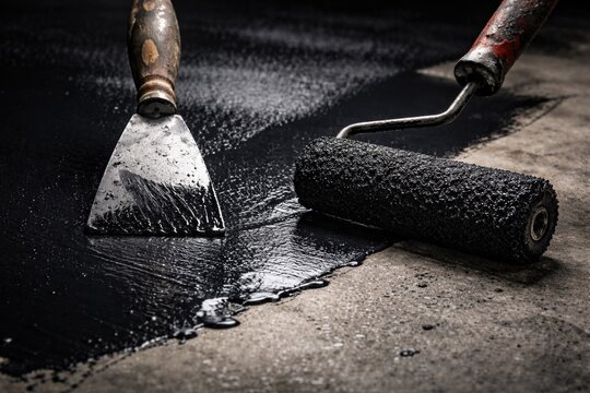 Close up view of repair tools with spatula and paint roller brush applying fresh black paint on concrete floor