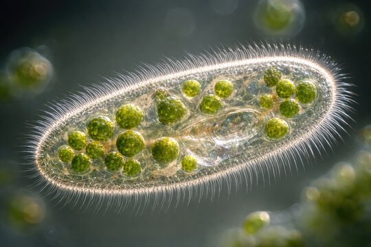 Differential interference contrast image highlighting cilia of Paramecium bursaria with algae symbiosis