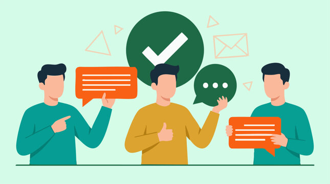 People communicating and giving feedback with chat bubbles and approval icons