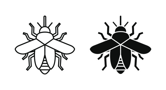 Flying insect icon set featuring winged beetle in linear and solid black vector style