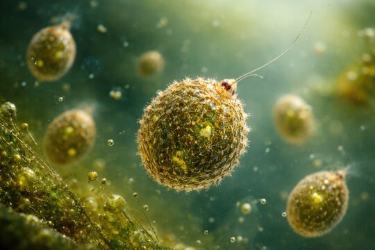 Close up image of Trachelomonas algae in pond water observed under 400x microscope and 10x camera lens with copy space